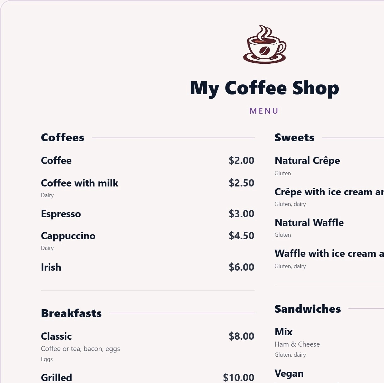 Menu digitale online