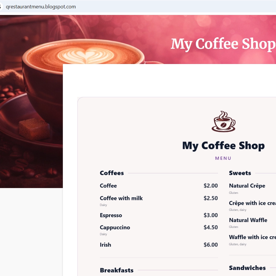 URL pubblico del tuo menu